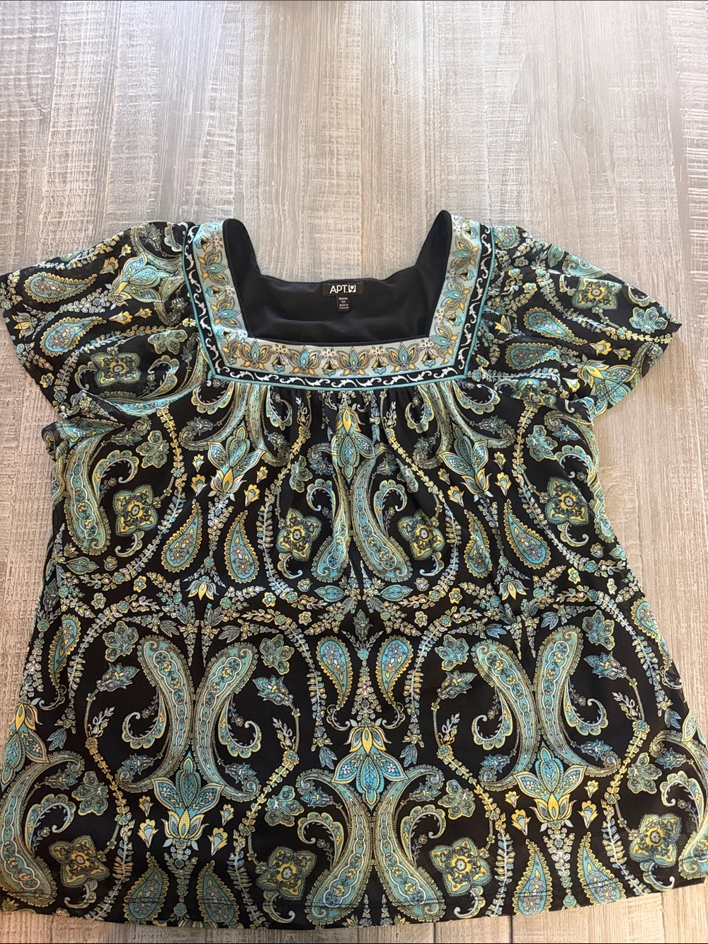 Apt. 9 Black Paisley Square-Neck Blouse with Teal & Gold Accents